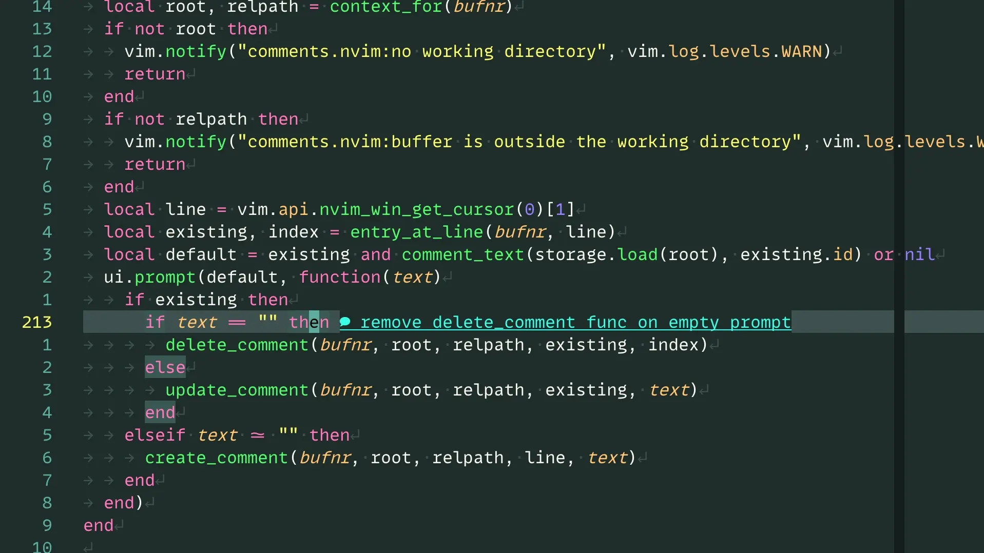 comments.nvim showing inline comments inside Neovim
