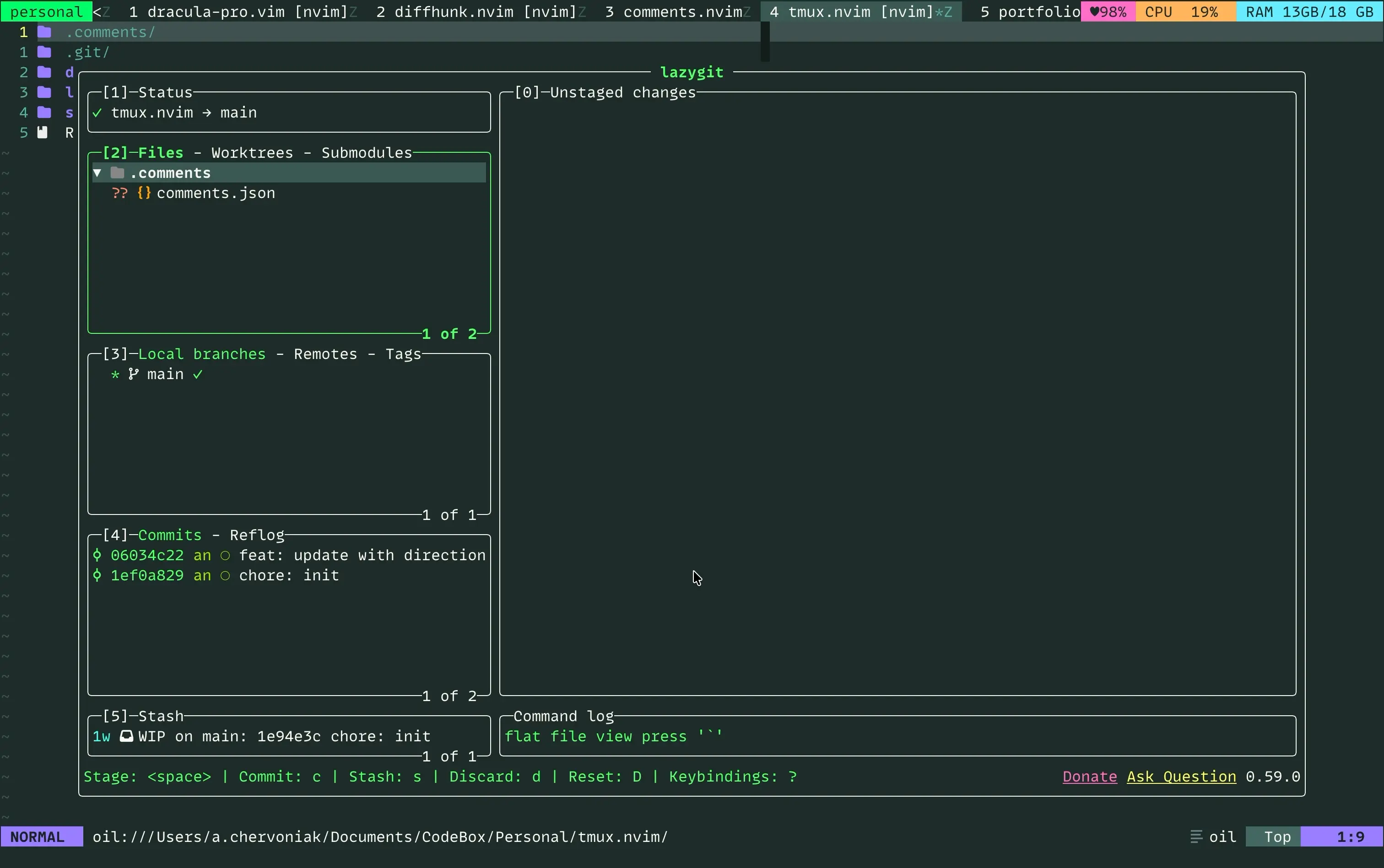 Lazygit open inside Neovim in a zoomed tmux pane before the flicker